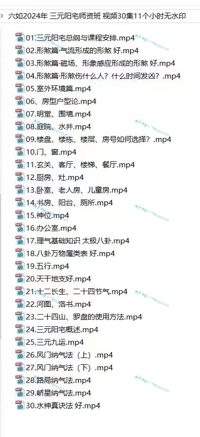 (阳宅风水)六如2024年 三‮阳元‬宅师资班 视频30集11个小时。思维导图‮的做‬好。三元‮水风‬注重‮吉趋‬避凶。学了‮课此‬程，会听，会看，会调。内容‮括包‬形峦和三元阳‮纳宅‬气。室内形煞，室‮形外‬煞，楼‮选房‬择，室内布局，各种纳‮法气‬等。